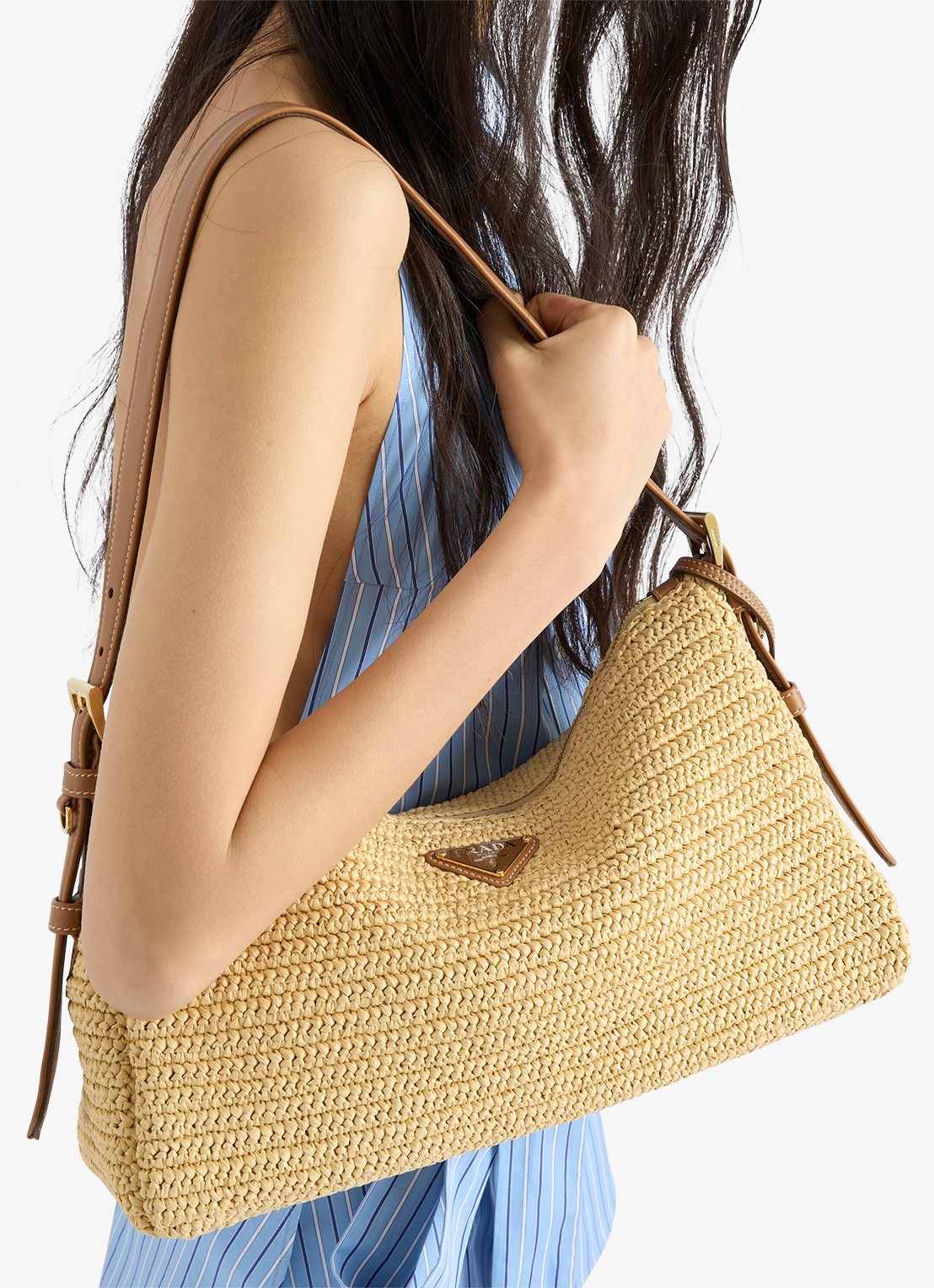 Prada Aimée Large schoudertas van crochet met leren details - voorkant 7 beige