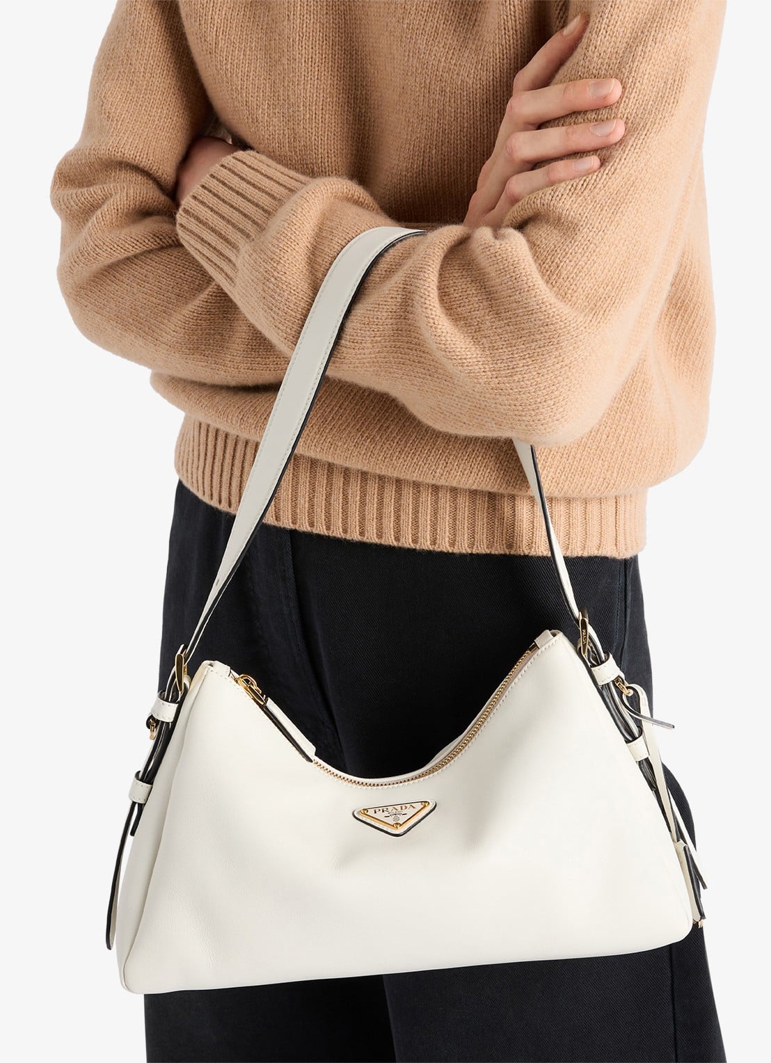 Prada Aimée Medium schoudertas van leer - voorkant 2 gebroken wit
