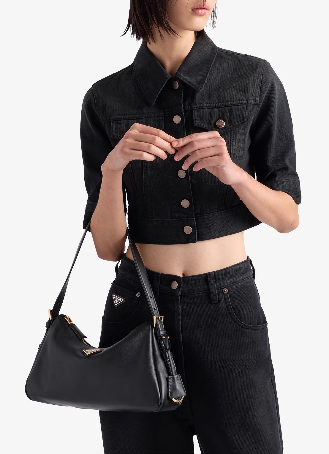 Prada Aimée Medium schoudertas van leer - voorkant 6 zwart