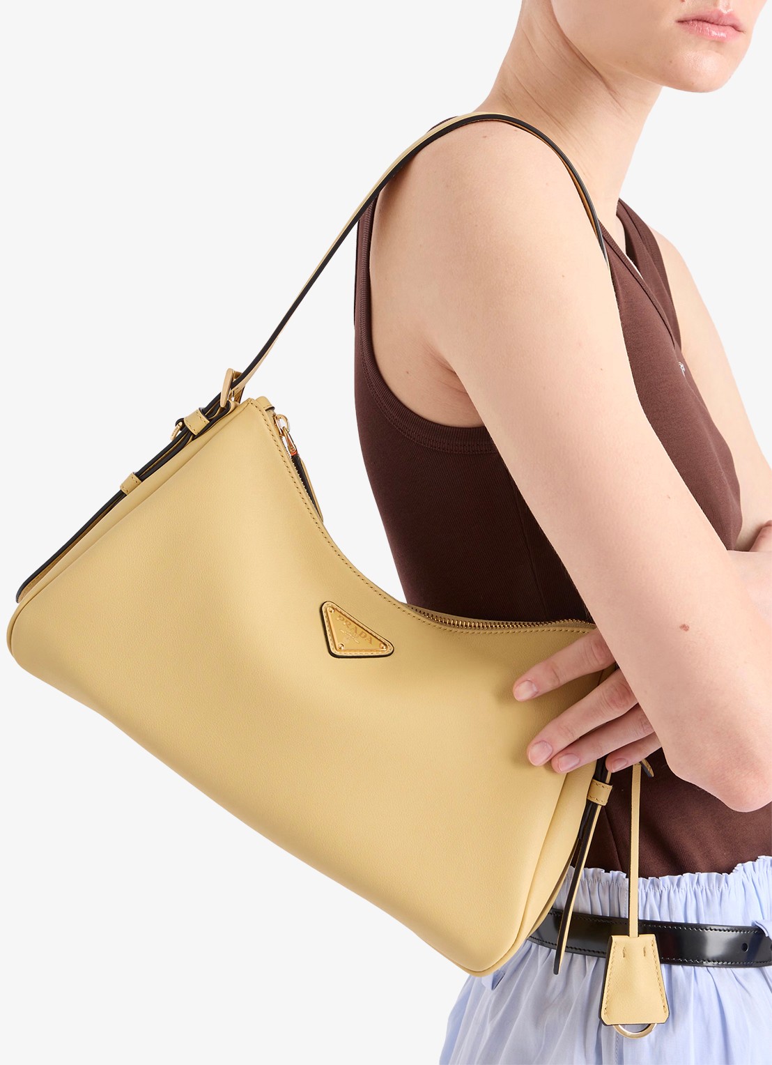 Prada Aimée Medium schoudertas van leer - voorkant 3 lichtgeel