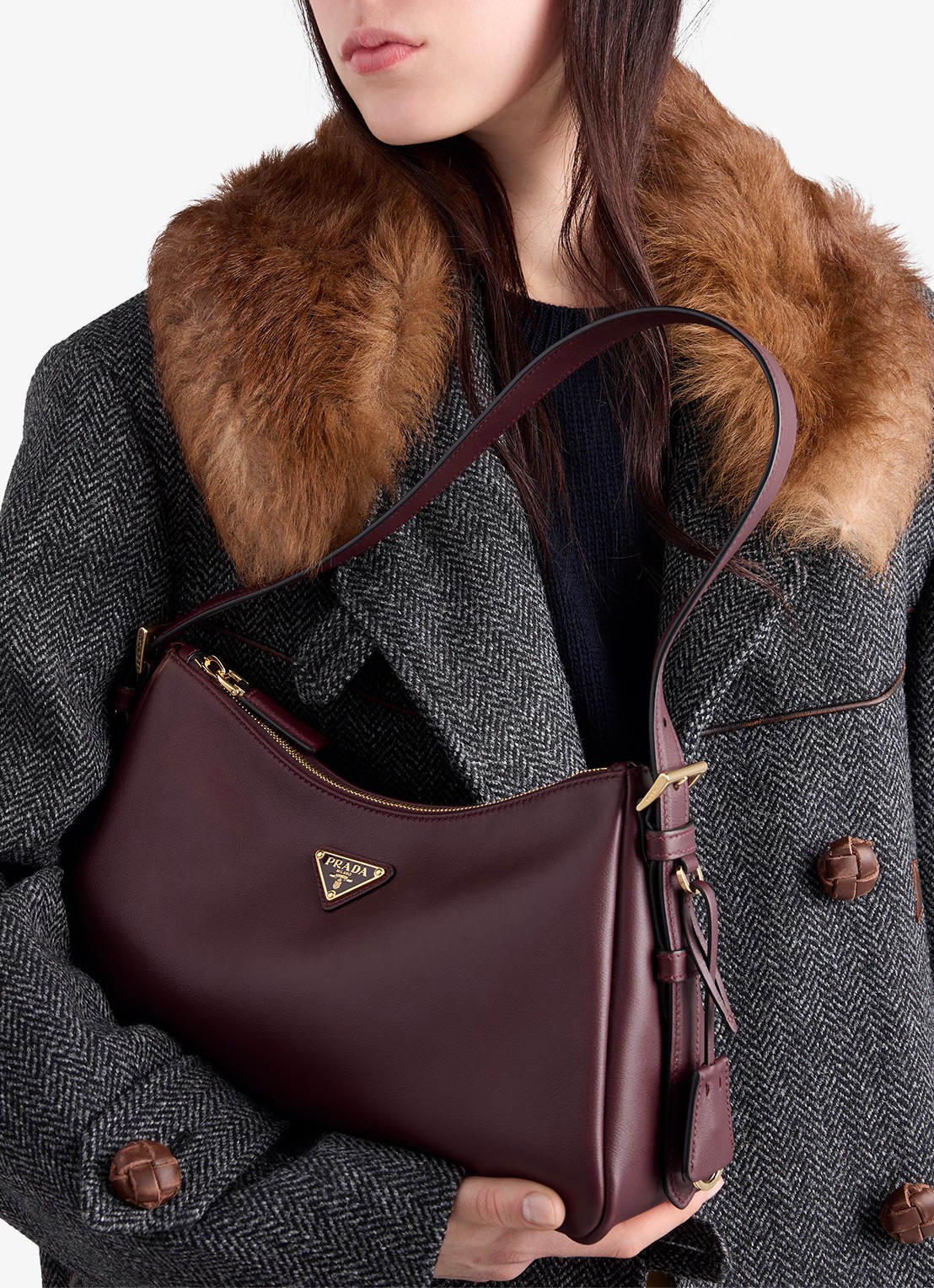 Prada Aimée Medium schoudertas van leer - voorkant 2 bordeauxrood