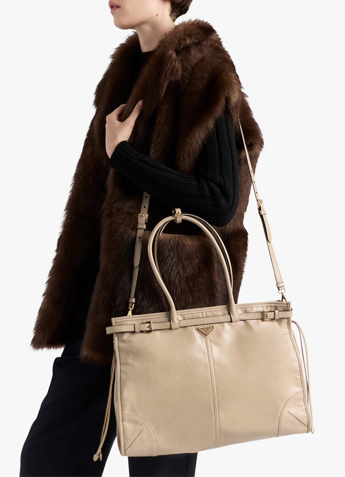 Prada Bonnie Extra-Large schoudertas van kalfsleer - voorkant 2 beige