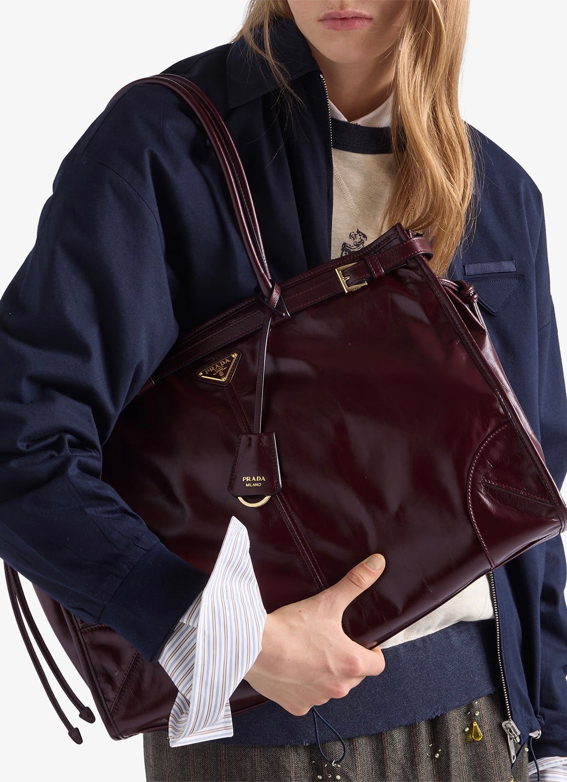 Prada Bonnie Extra-Large schoudertas van kalfsleer - voorkant 6 bordeauxrood