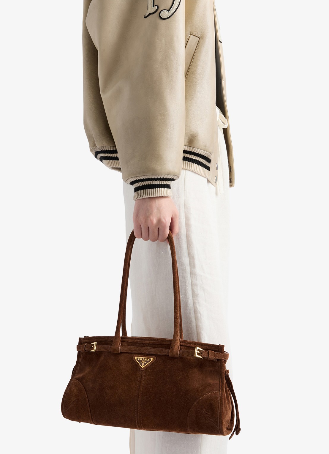 Prada Bonnie Medium handtas van kalfssuède - detail 4 donkerbruin