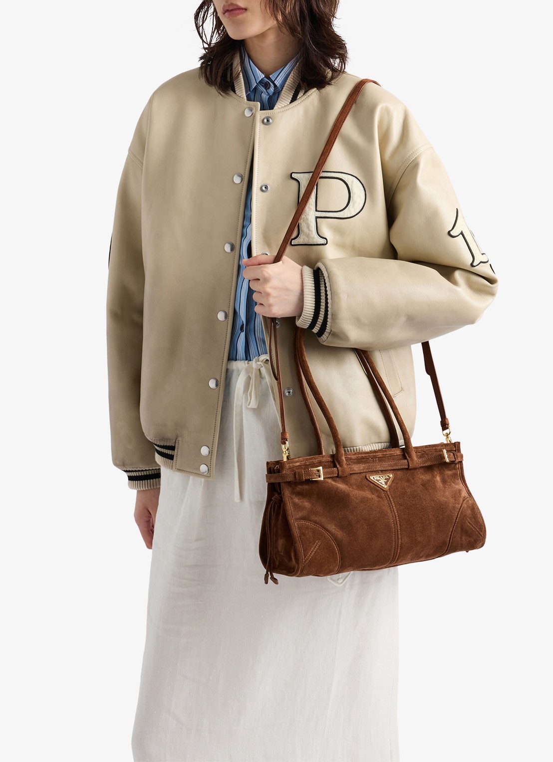 Prada Bonnie Medium handtas van kalfssuède - voorkant 2 donkerbruin