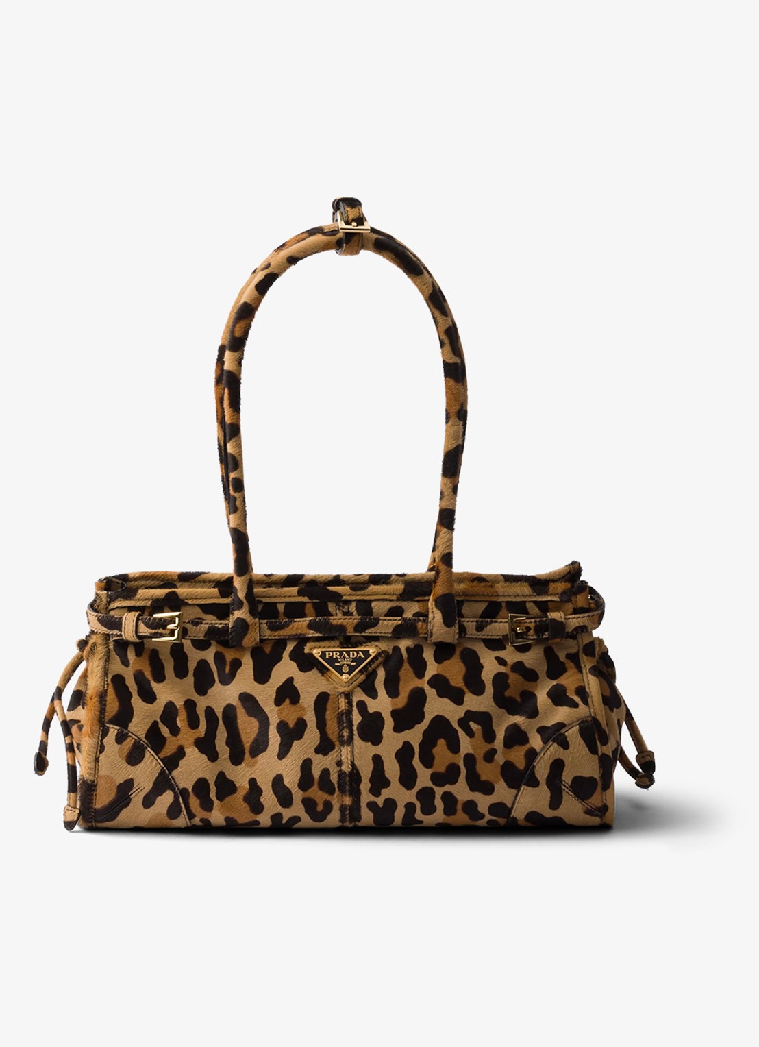 Prada Bonnie Medium handtas van leer met panterprint - voorkant lichtbruin