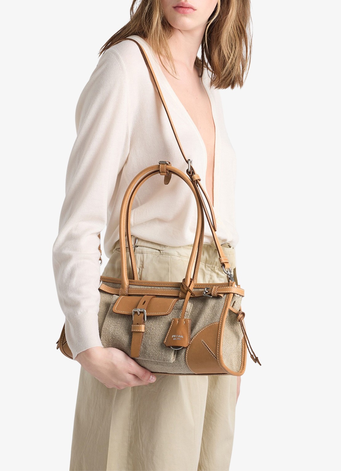 Prada Bonnie Medium schoudertas met leren details - voorkant 2 camel