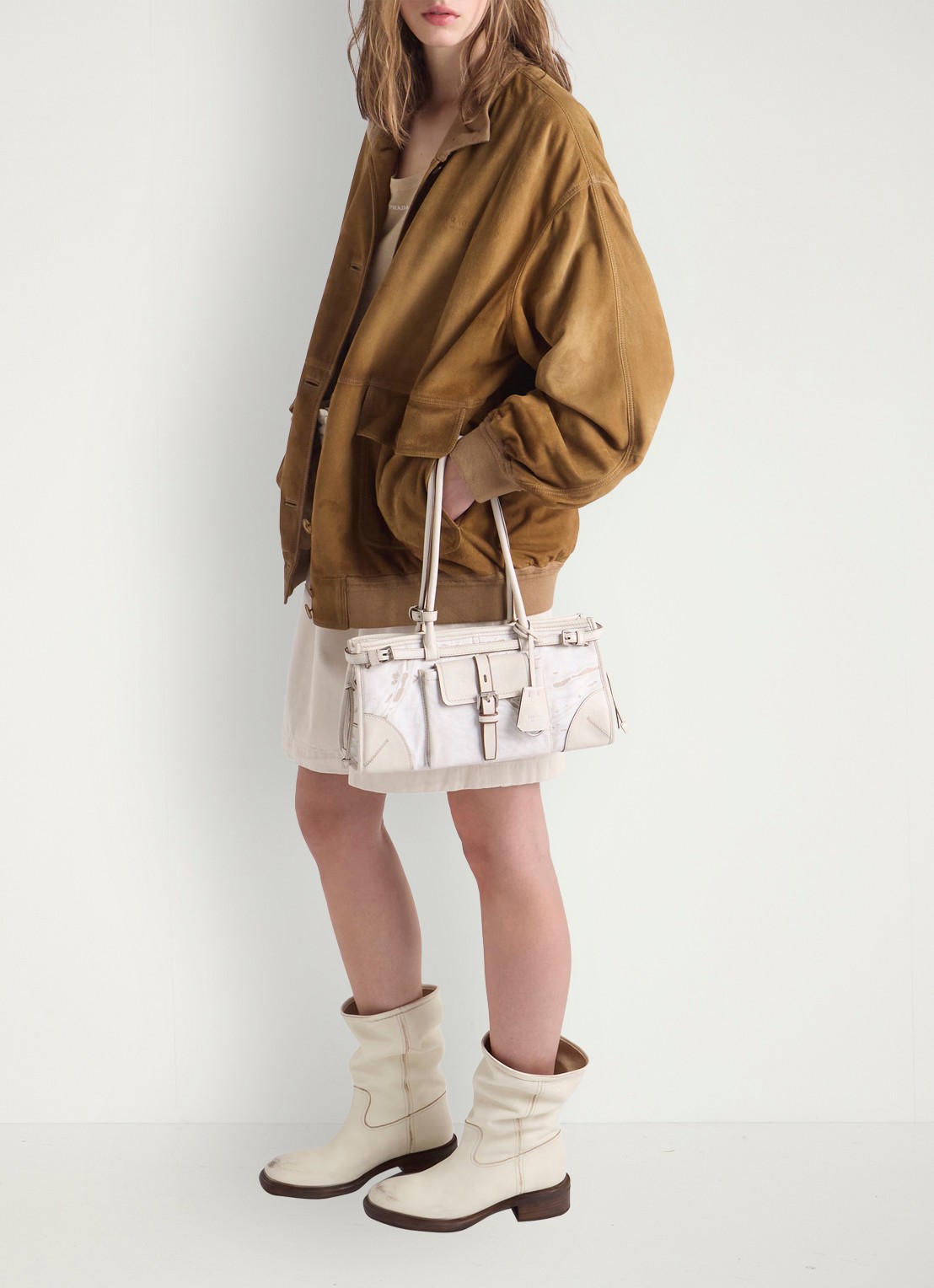 Prada Bonnie Medium schoudertas met leren details - detail 3 gebroken wit