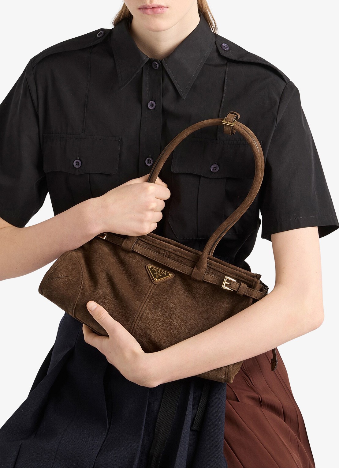 Prada Bonnie Medium schoudertas van nubuck - detail 6 donkerbruin
