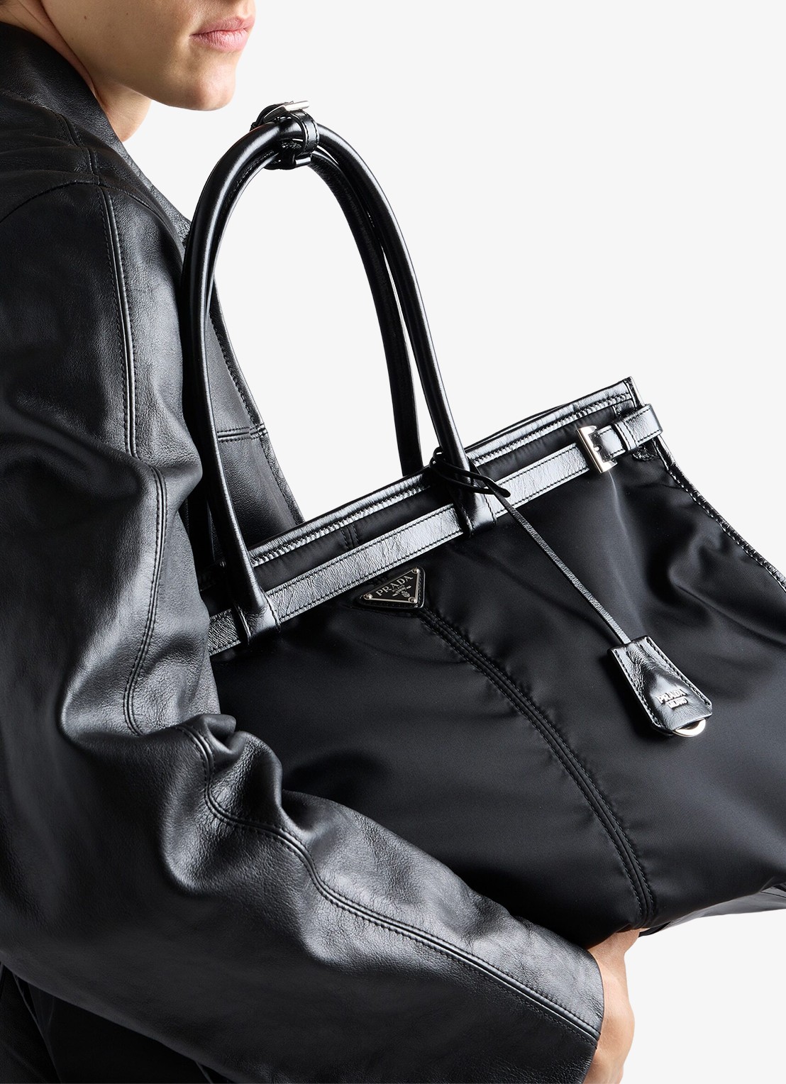 Prada Bonnie Re-Nylon schoudertas met leren details - detail 4 zwart