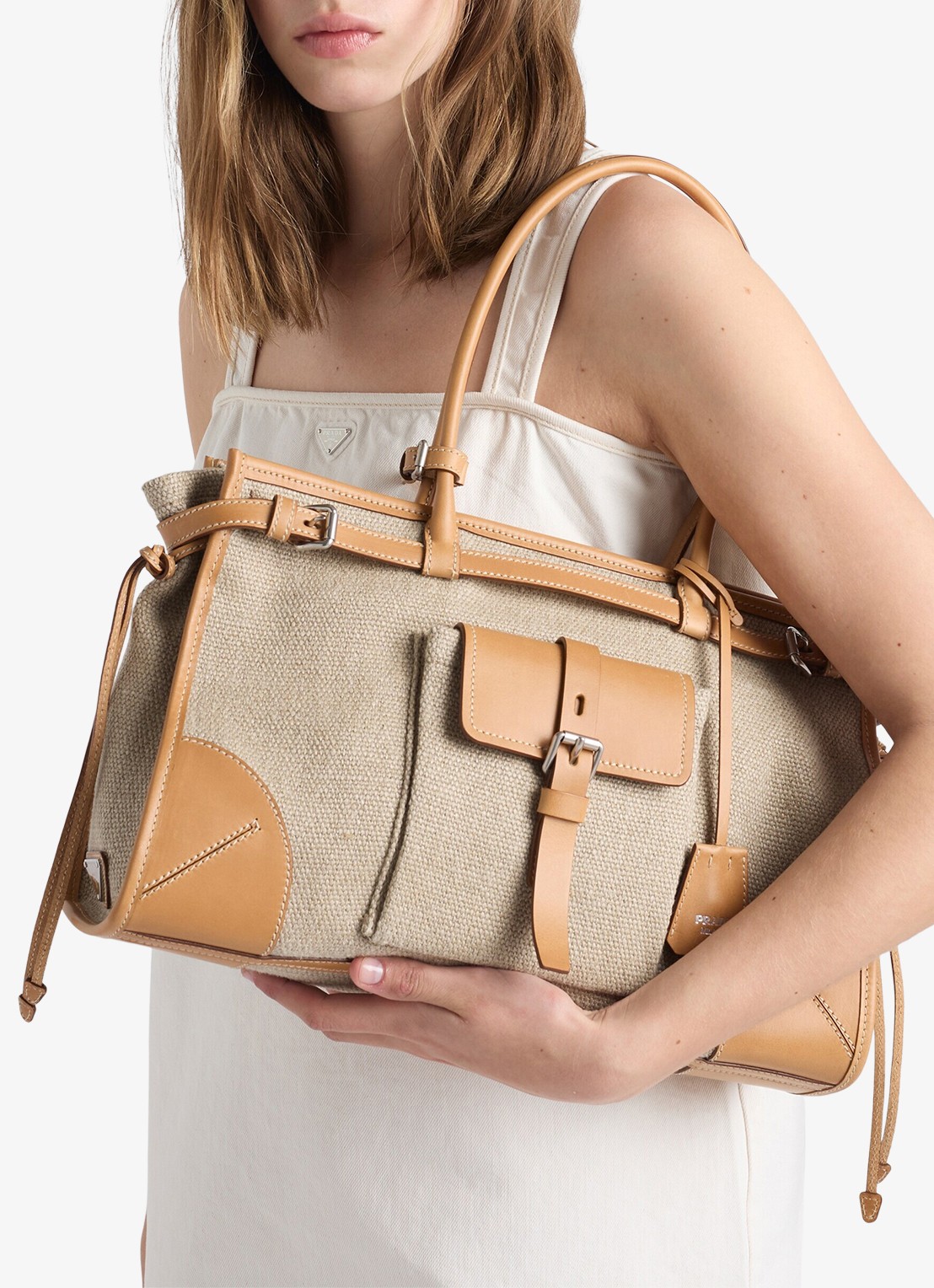 Prada Bonnie schoudertas met leren details - voorkant 3 zand