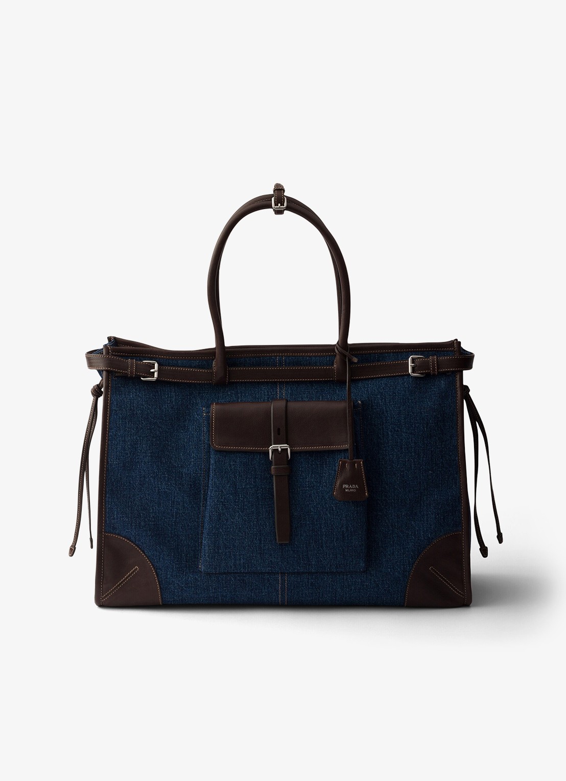 Prada Bonnie schoudertas van denim met leren details - voorkant indigo