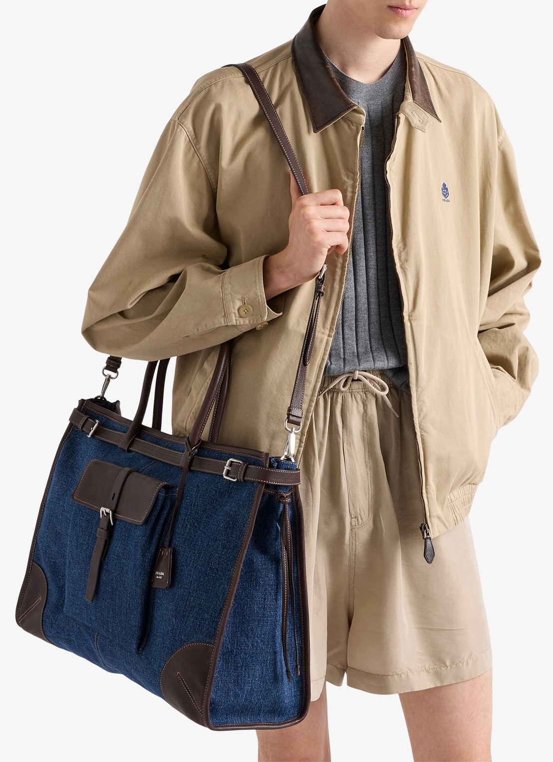 Prada Bonnie schoudertas van denim met leren details - voorkant 2 indigo
