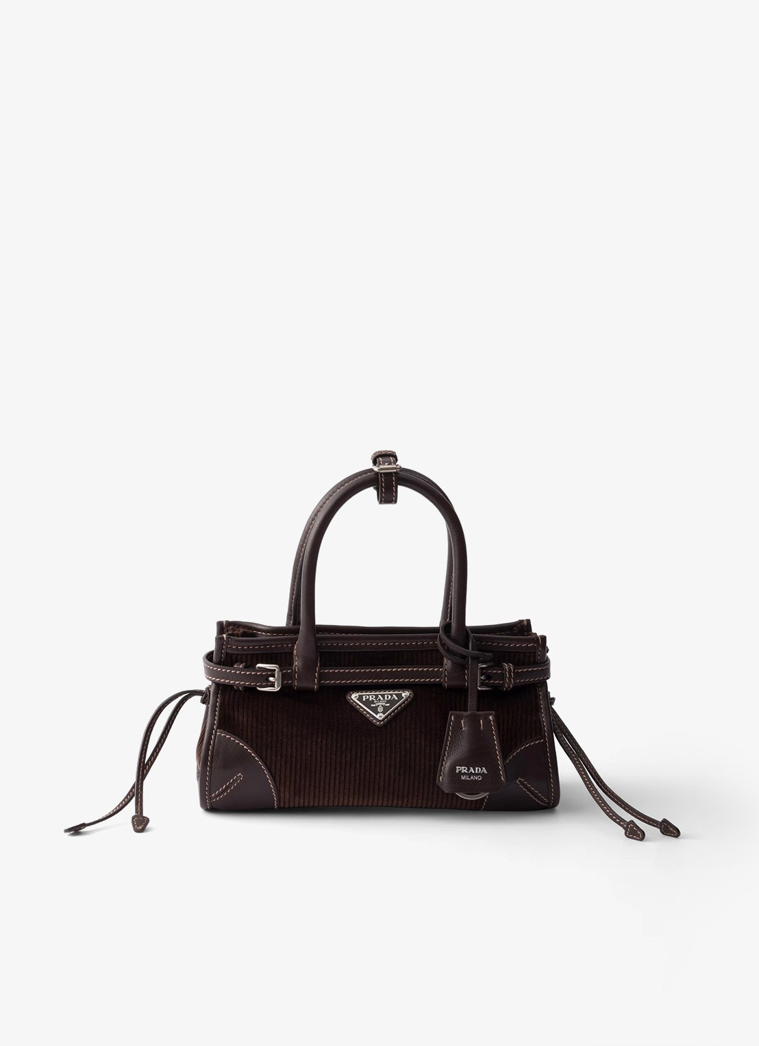 Prada Bonnie Small handtas van corduroy met leren details - voorkant 2 donkerbruin