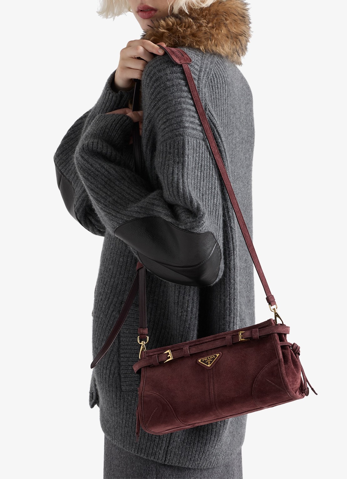 Prada Bonnie Small schoudertas van kalfssuède - voorkant 2 bordeauxrood