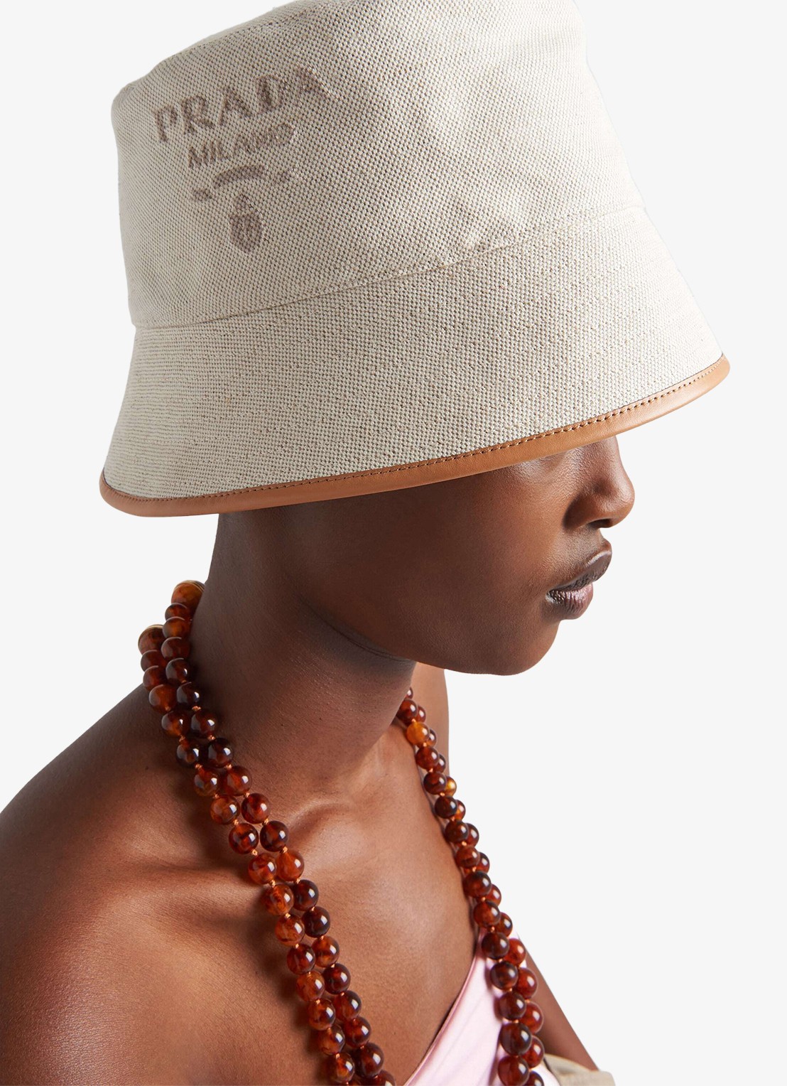 Prada Bucket hoed met logo en leren details - voorkant 4 gebroken wit