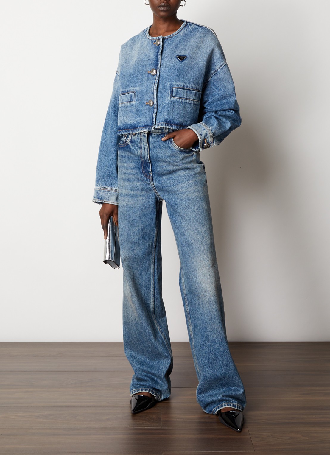 Prada Denim Bleach cropped spijkerjas met verwassen afwerking - voorkant 2 jeans