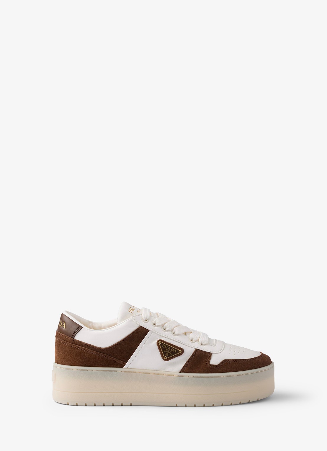 Prada Downtown Bold sneaker van lamsleer met sùede details - voorkant bruin