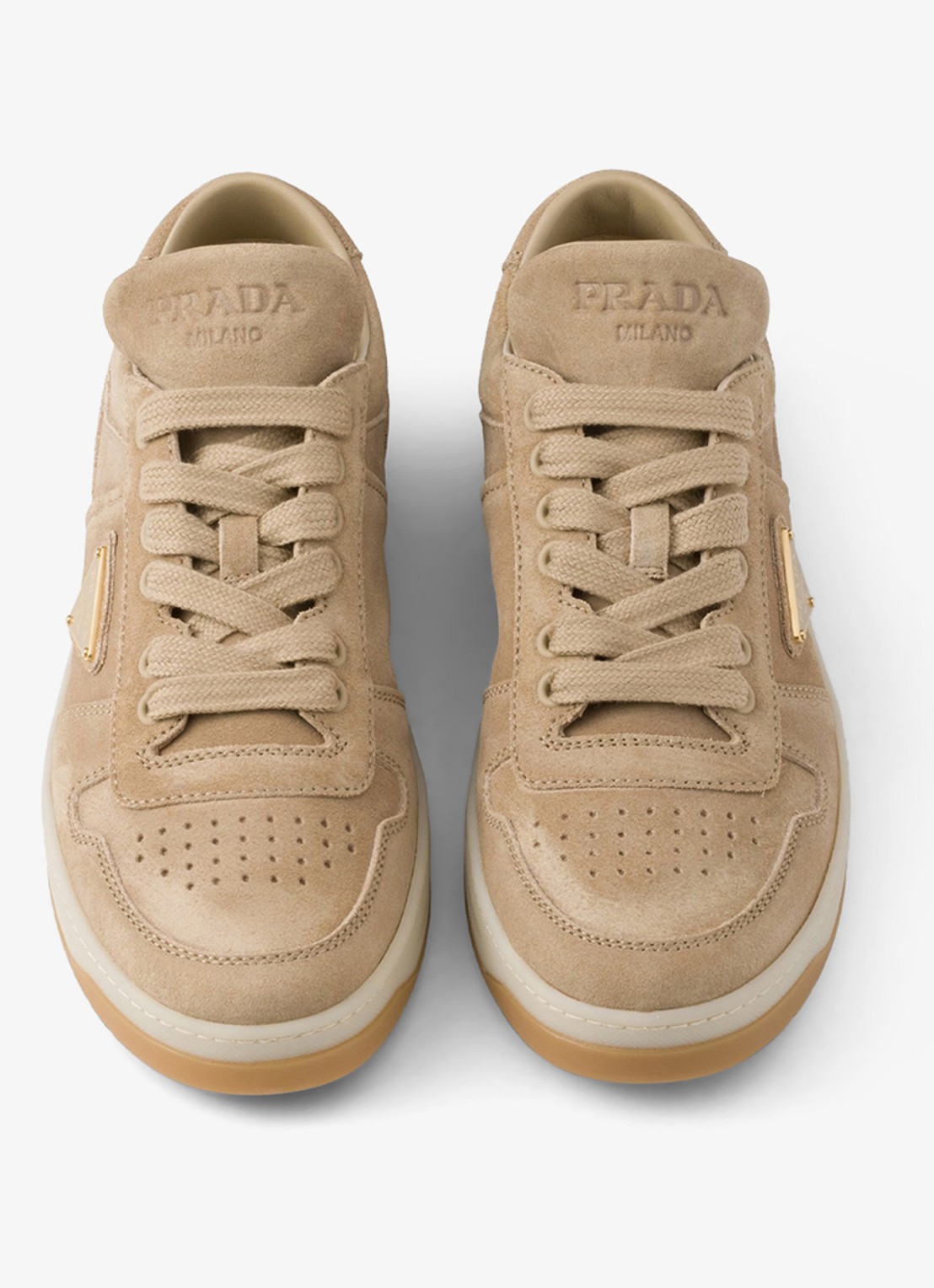 Prada Downtown sneaker van suède met logo - detail 6 beige