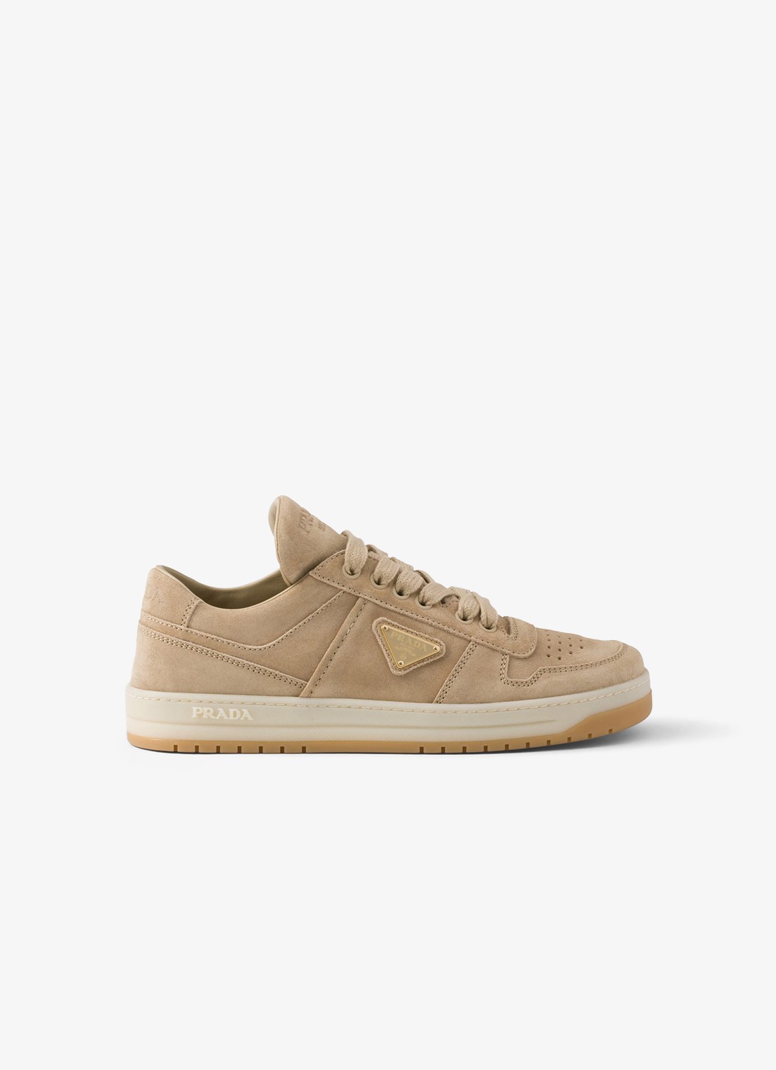 Prada Downtown sneaker van suède met logo - voorkant 2 beige