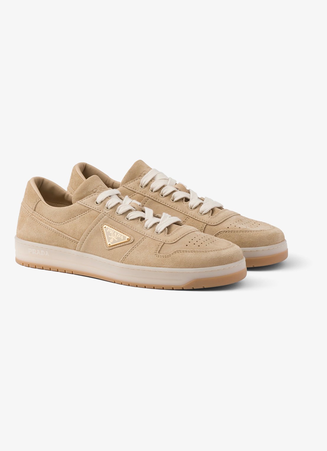 Prada Downtown sneaker van suède met logo - voorkant 2 beige