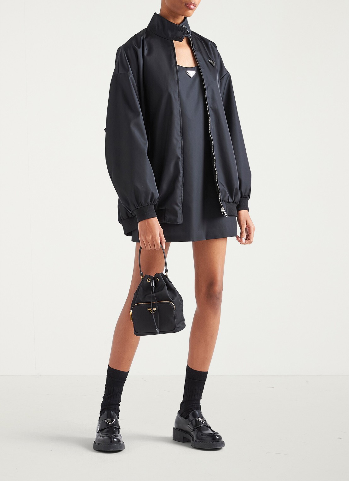 Prada Duet Re-Nylon handtas met leren details - voorkant 2 zwart