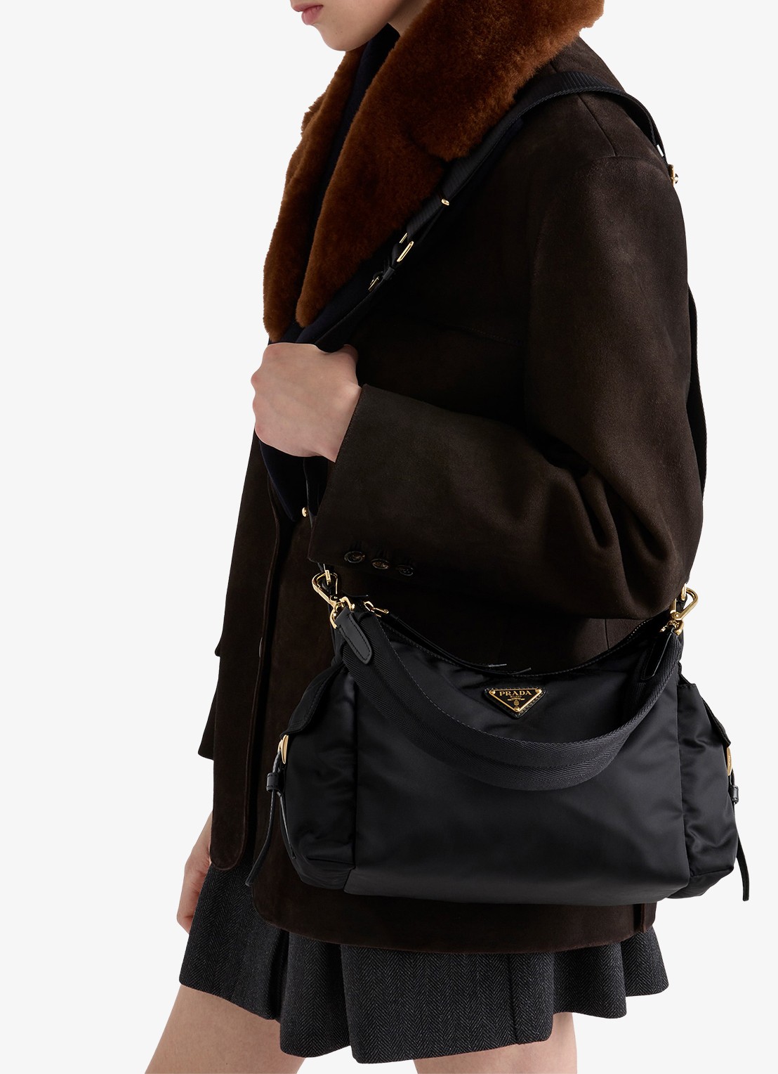 Prada Explore Re-Nylon Large schoudertas met leren details - voorkant 6 zwart