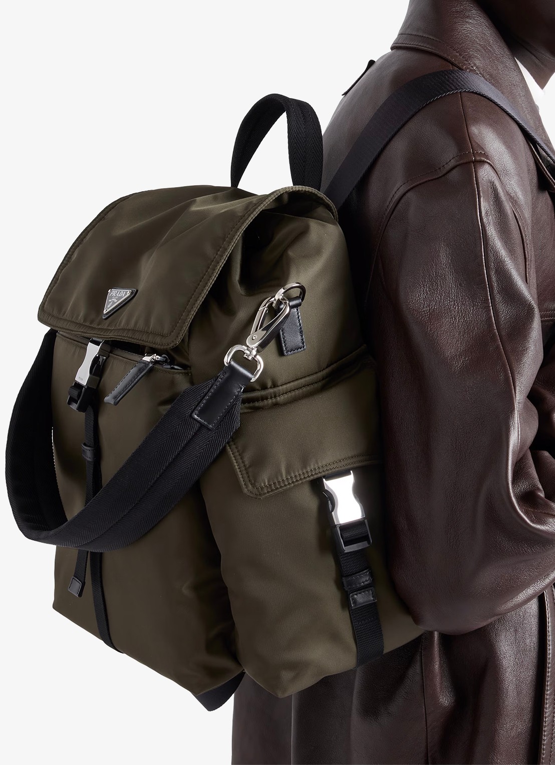 Prada Explore Re-Nylon rugzak met leren details - voorkant 2 legergroen