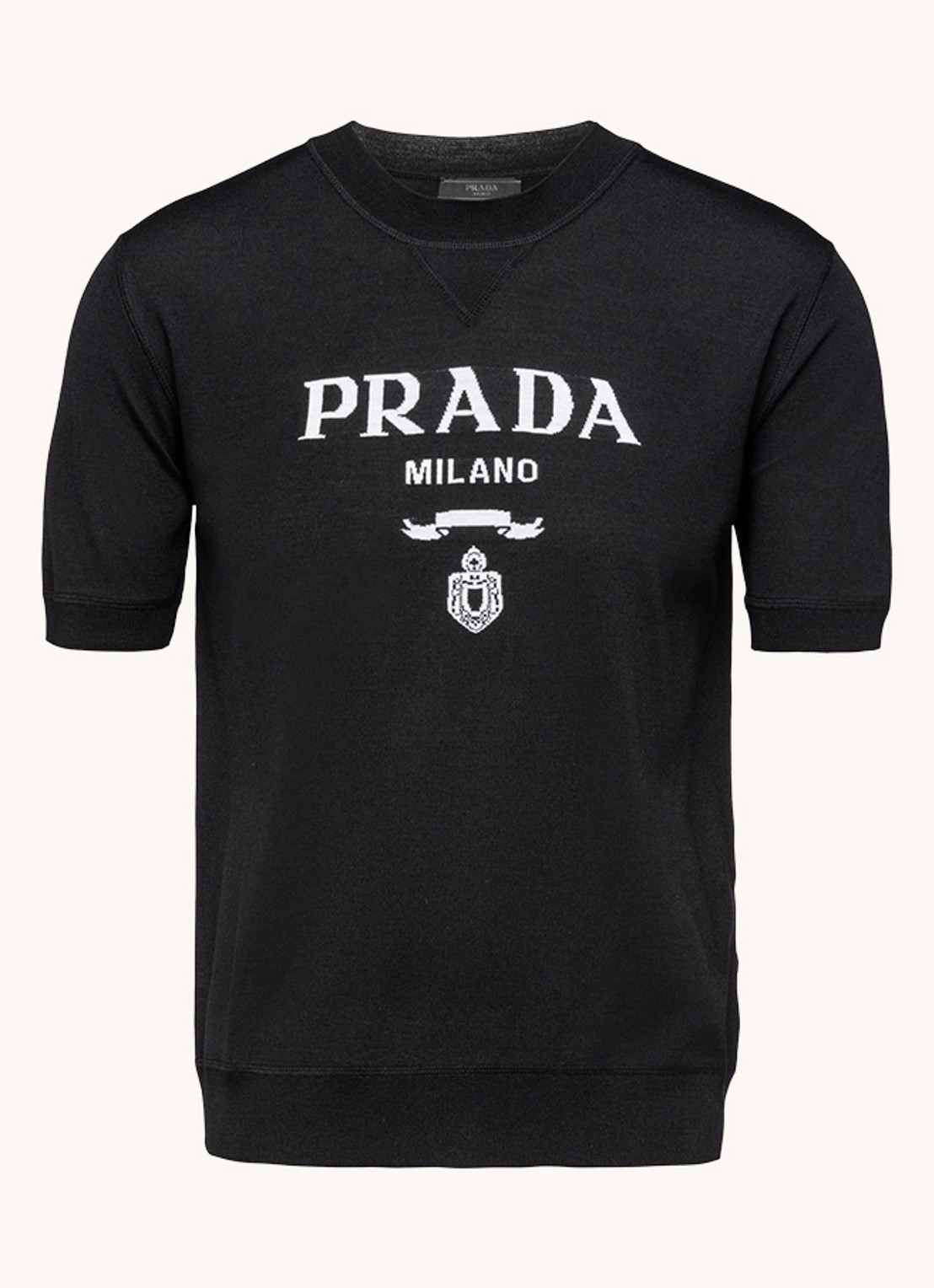 Prada Fijngebreid T-shirt van scheerwol met logoprint - voorkant 2 zwart