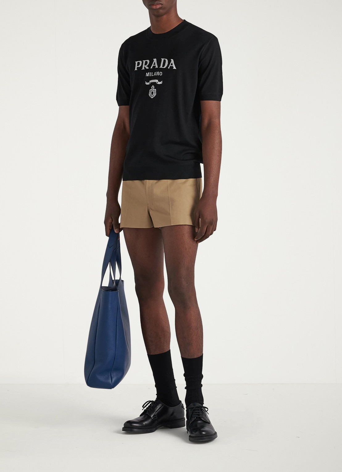 Prada Fijngebreid T-shirt van scheerwol met logoprint - voorkant 3 zwart