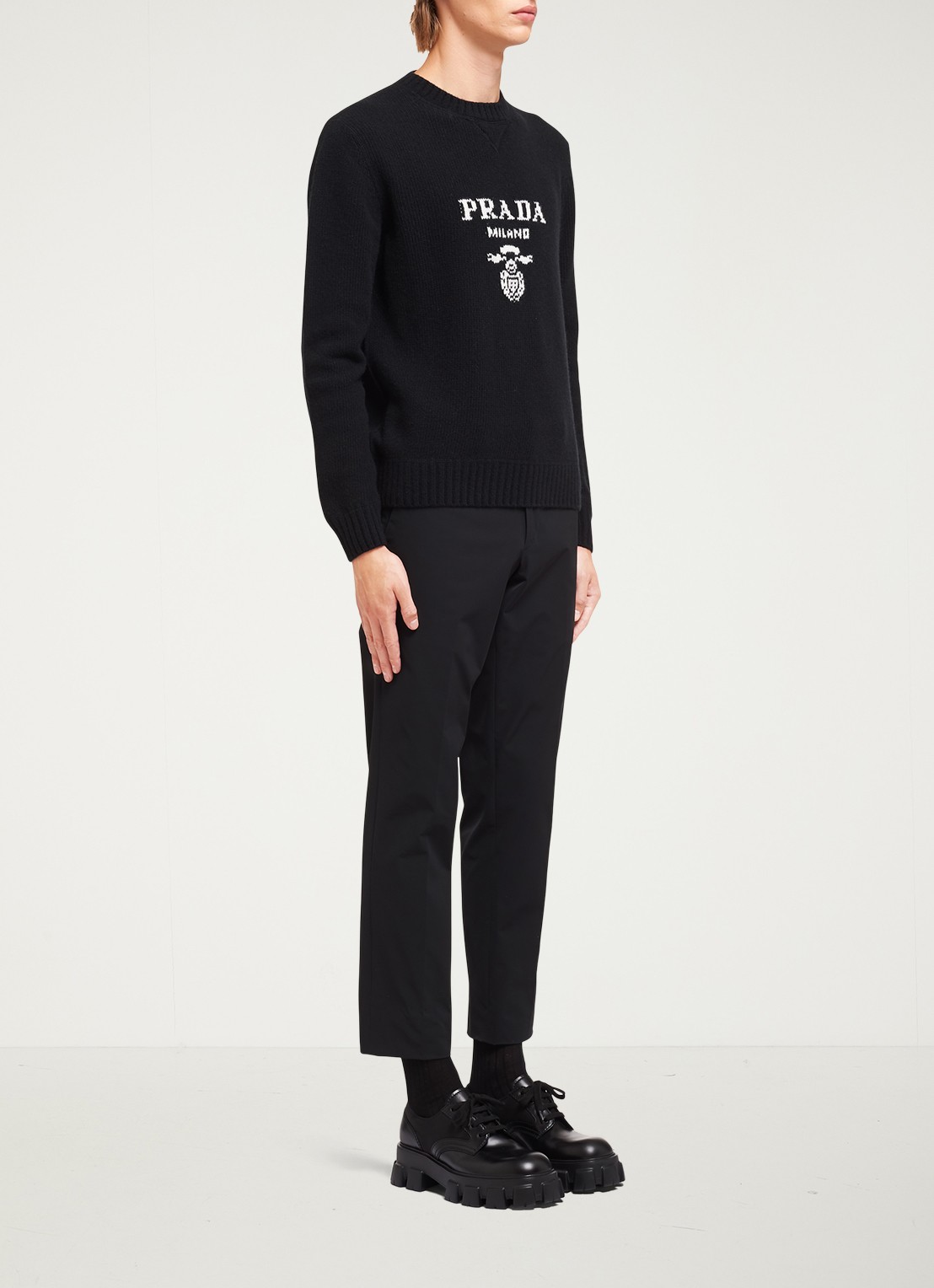 Prada Fijngebreide pullover in kasjmierblend met ingebreid logo - voorkant 5 zwart