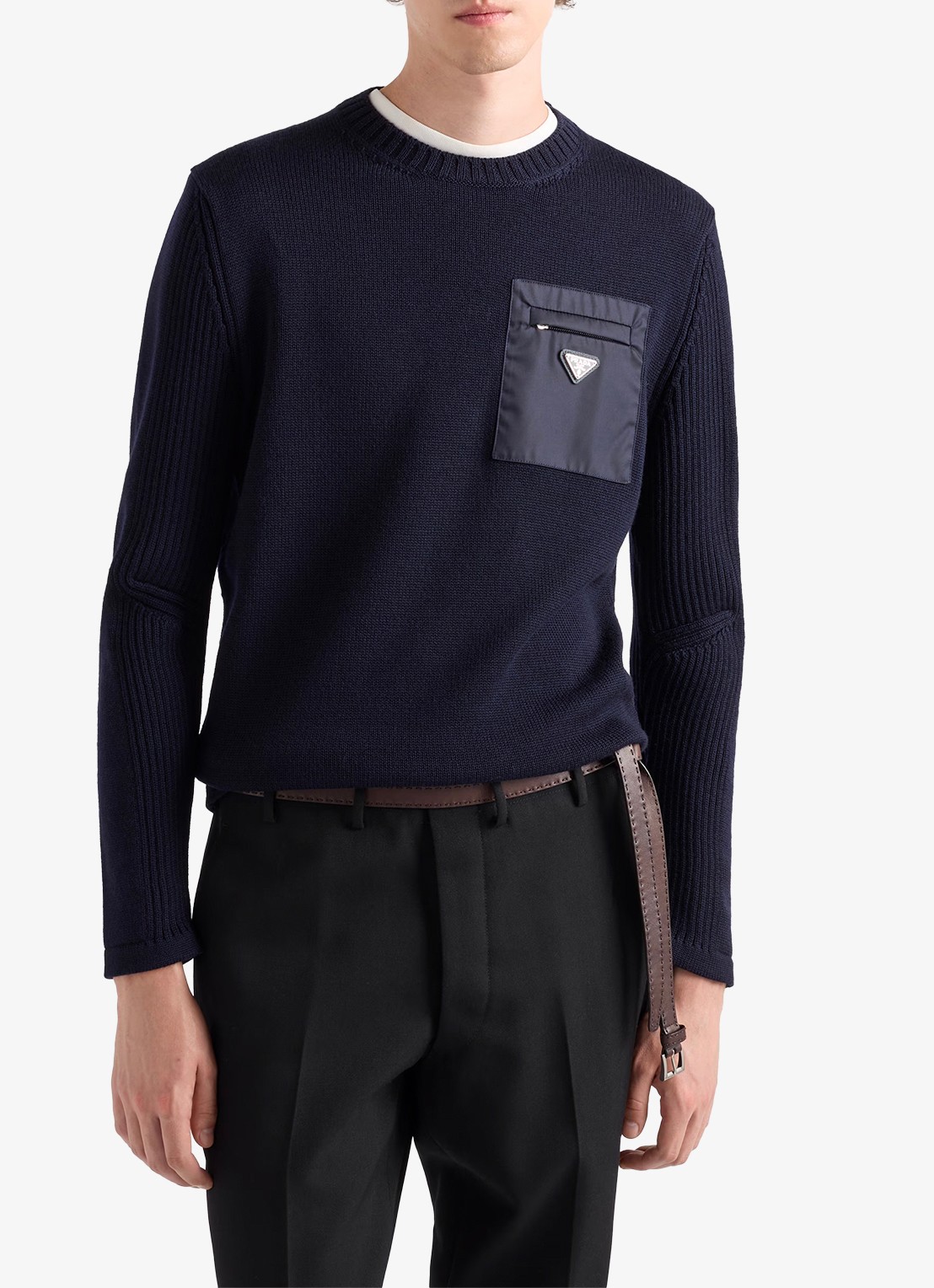 Prada Fijngebreide pullover van scheerwol met borstzak - detail 2 donkerblauw
