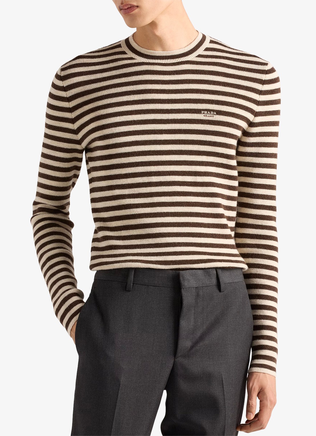 Prada Fijngebreide pullover van scheerwol met streepprint - detail 4 bruin