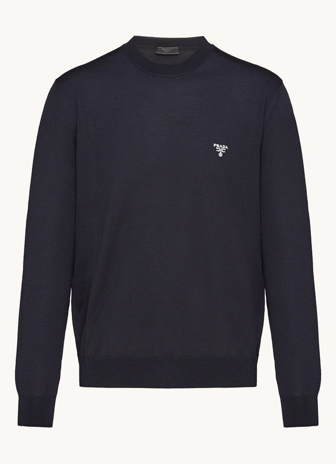 Prada Fijngebreide pullover van wol met logoborduring - voorkant donkerblauw