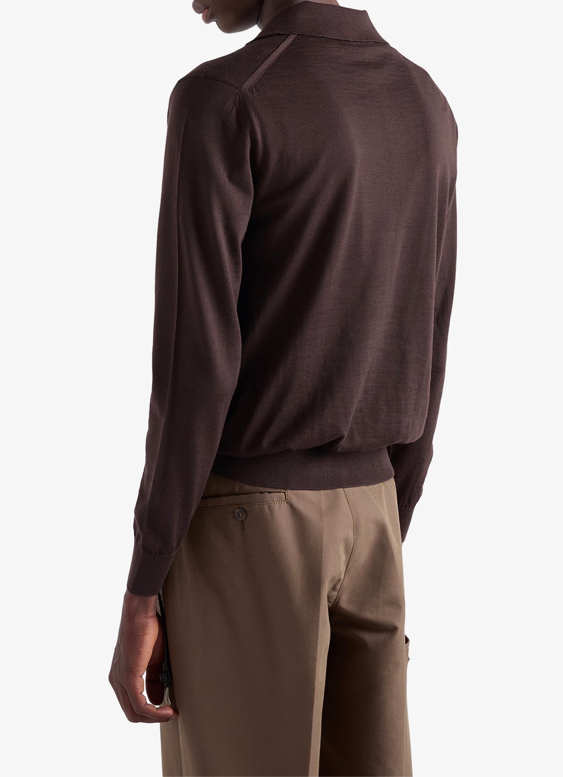Prada Fijngebreide slim fit polo van scheerwol - achterkant donkerbruin