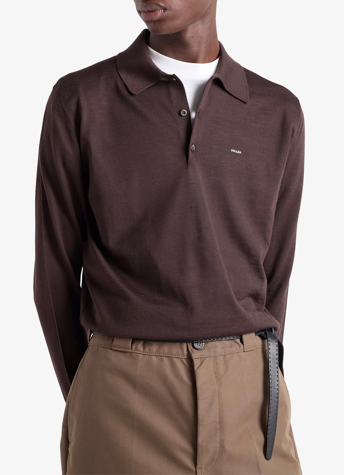 Prada Fijngebreide slim fit polo van scheerwol - detail 2 donkerbruin