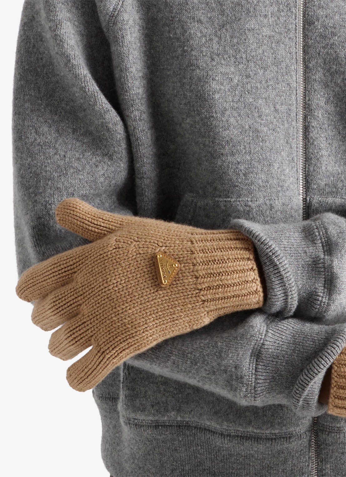 Prada Grofgebreide handschoenen in kasjmierblend met logo - voorkant 3 beige