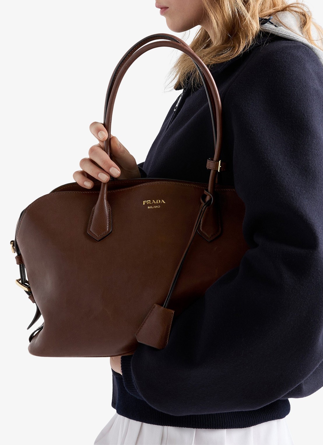 Prada Large schoudertas van leer - voorkant 6 donkerbruin
