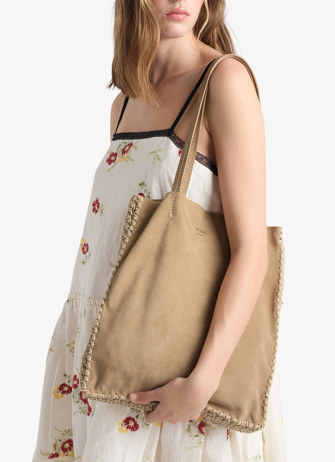 Prada Large shopper van kalfssuède met crochet details - voorkant 7 beige