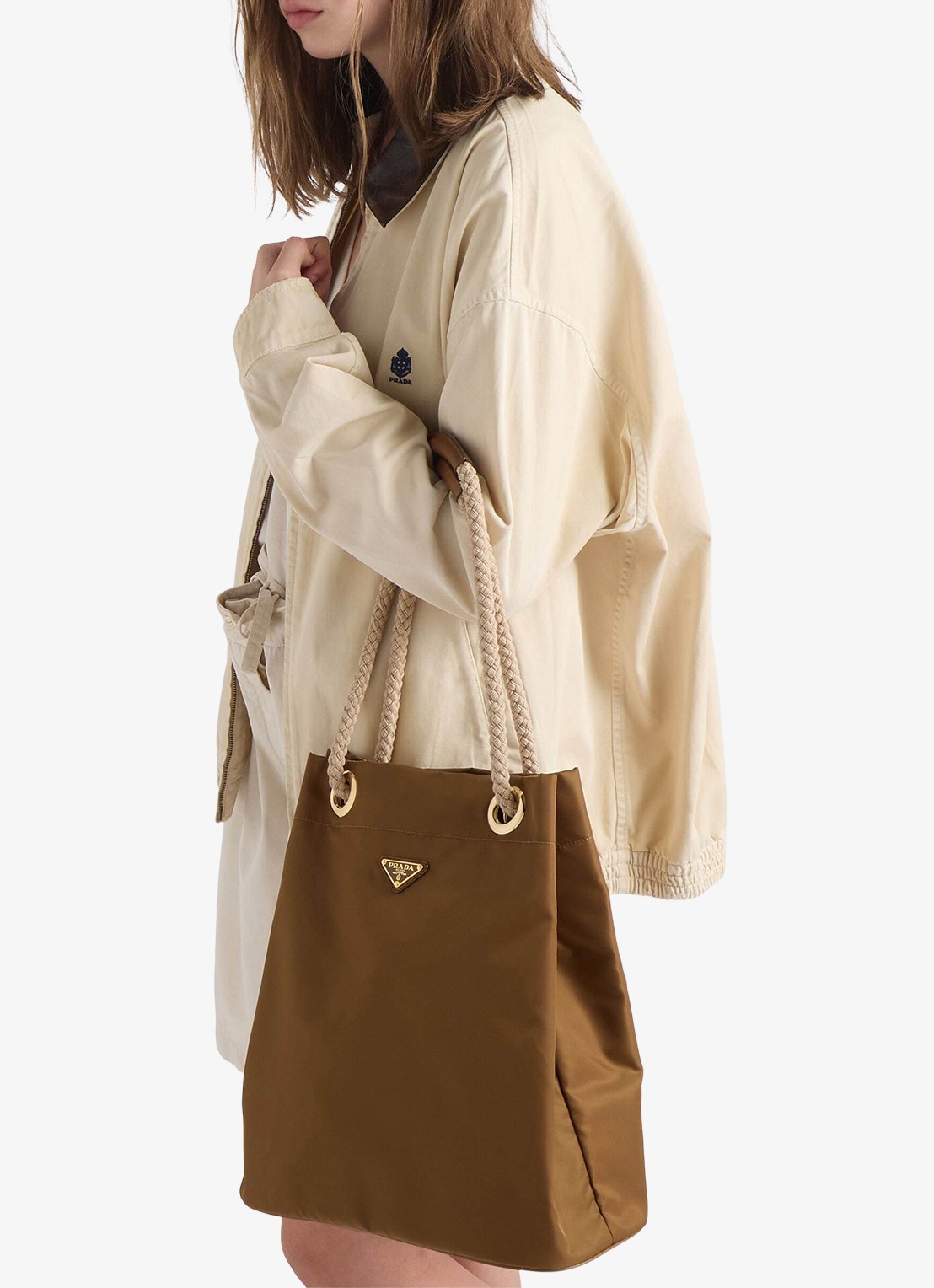 Prada Mariner Re-Nylon Large schoudertas met logo - detail 5 camel