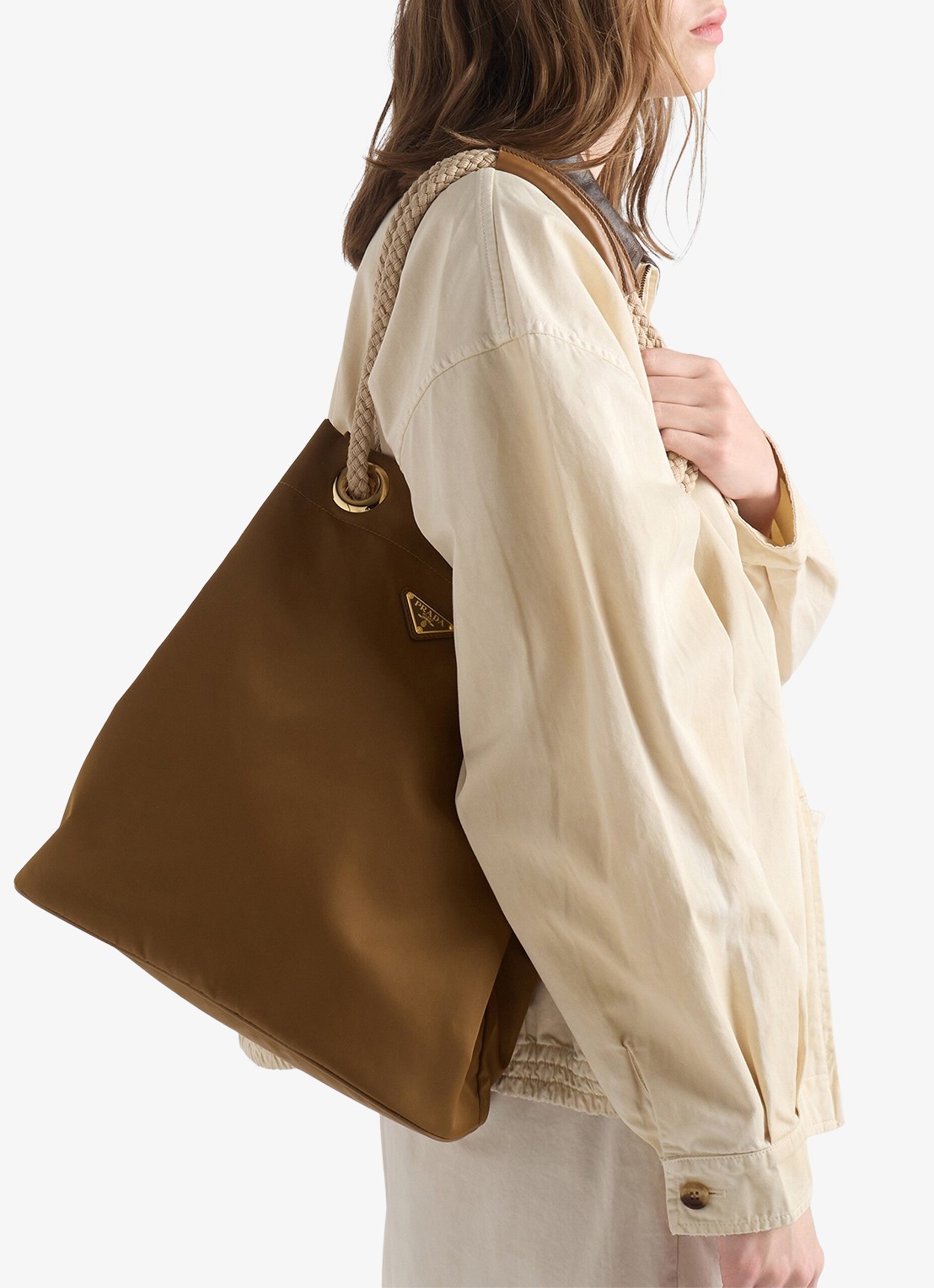 Prada Mariner Re-Nylon Large schoudertas met logo - voorkant 7 camel