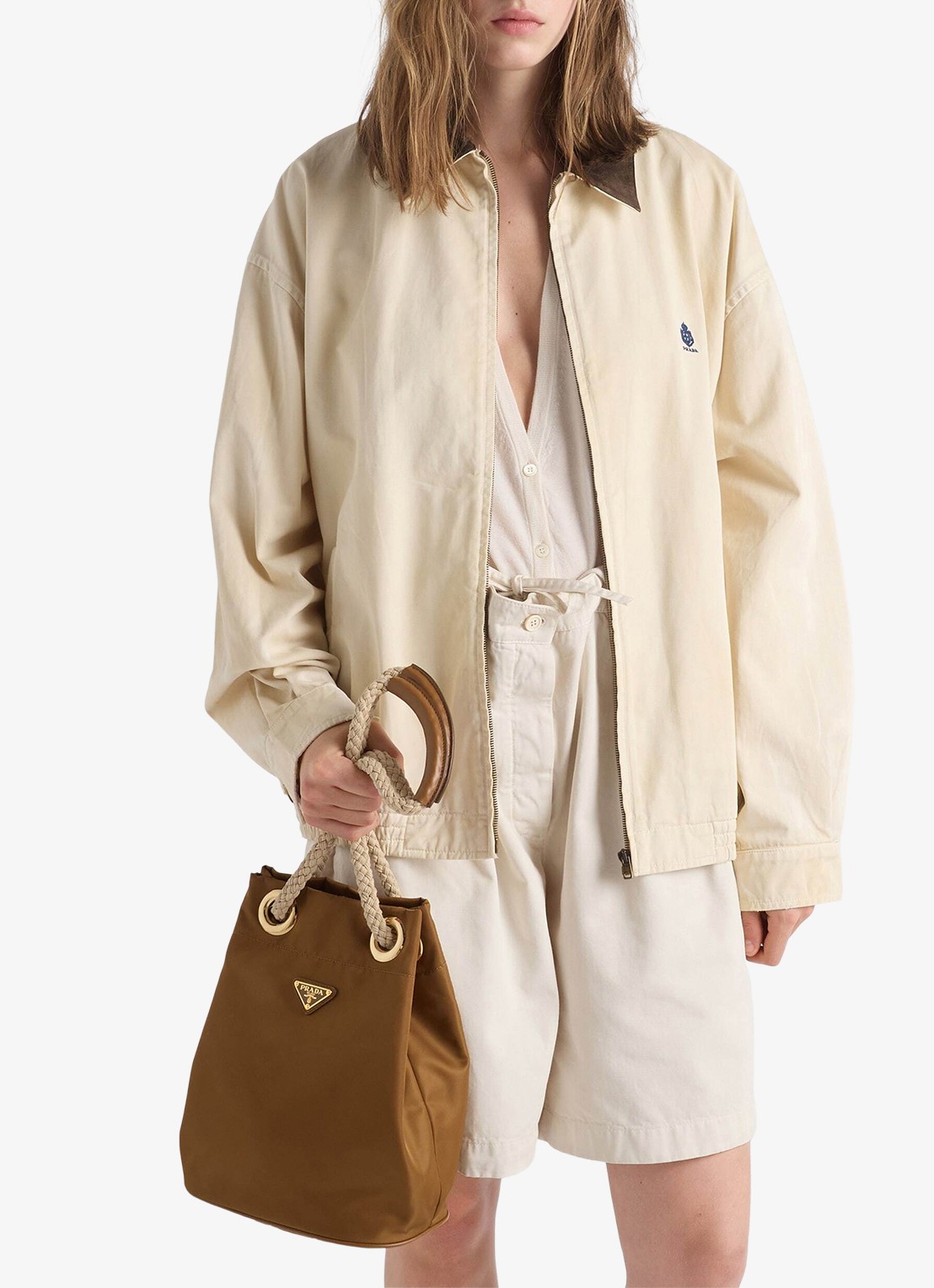 Prada Mariner Re-Nylon Small schoudertas met logo - detail 6 camel