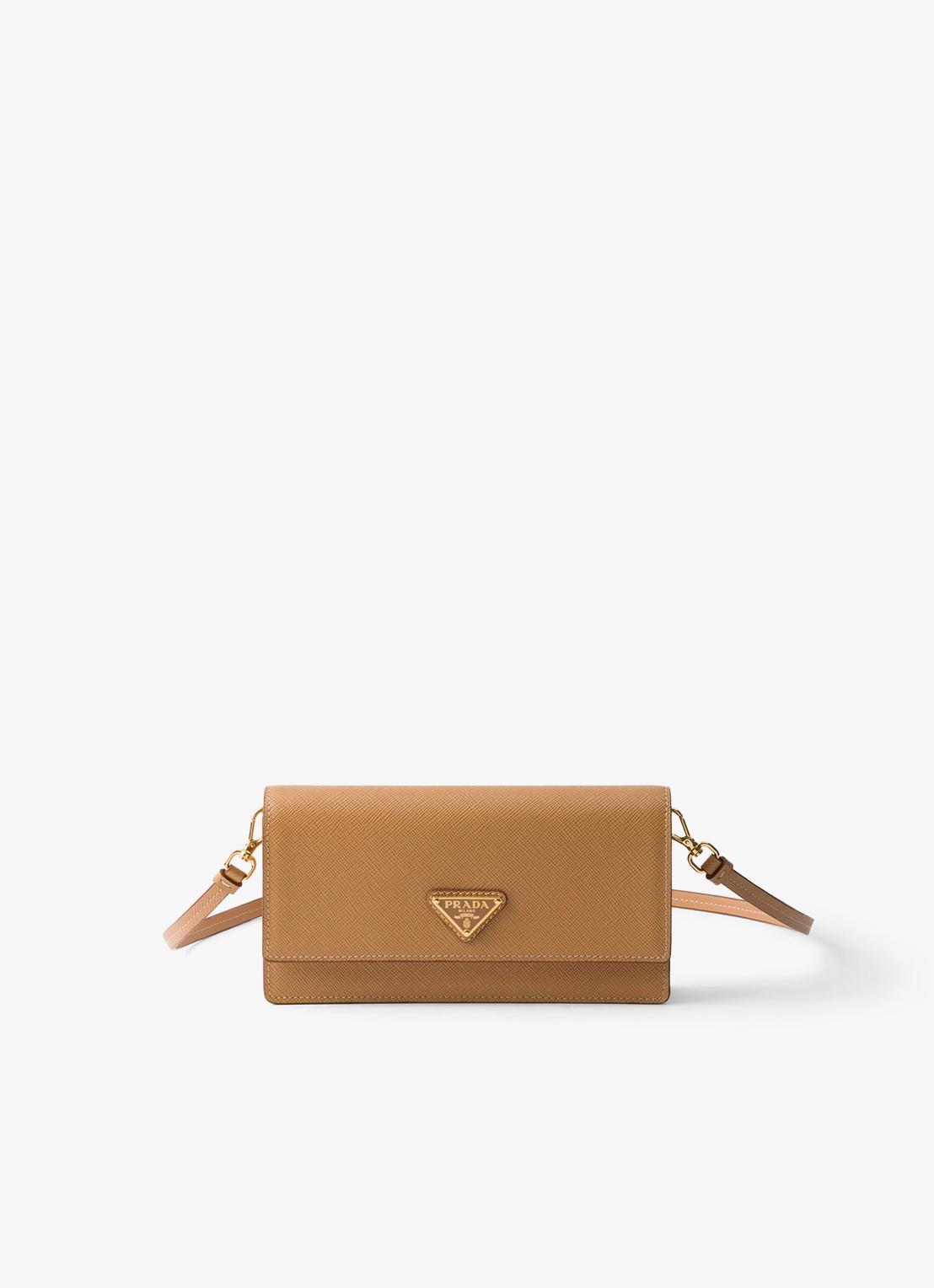 Prada Mini clutch van leer met afneembare schouderriem - voorkant camel