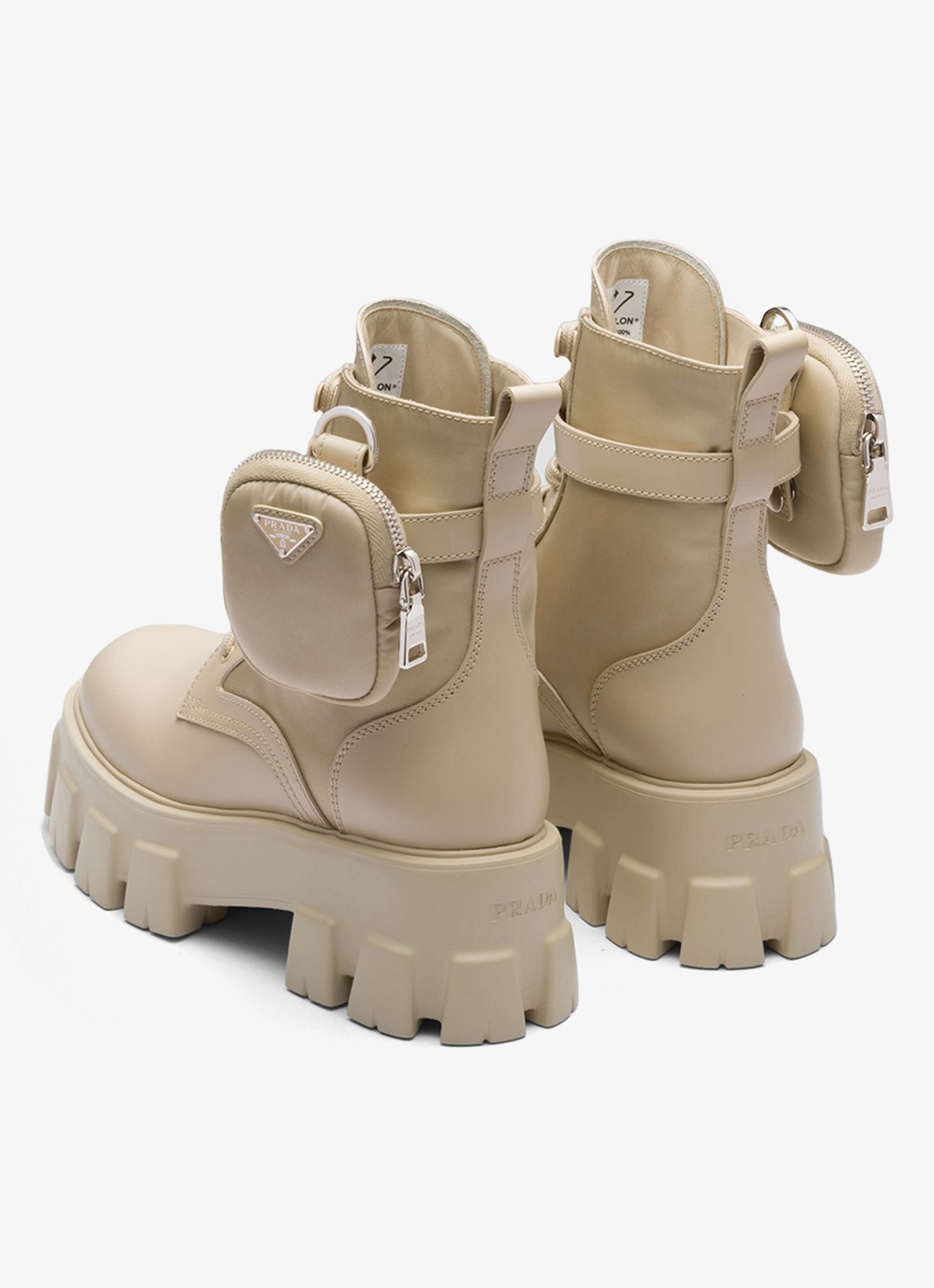 Prada Monolith Re-Nylon biker boot van leer - achterkant 6 donkerbeige