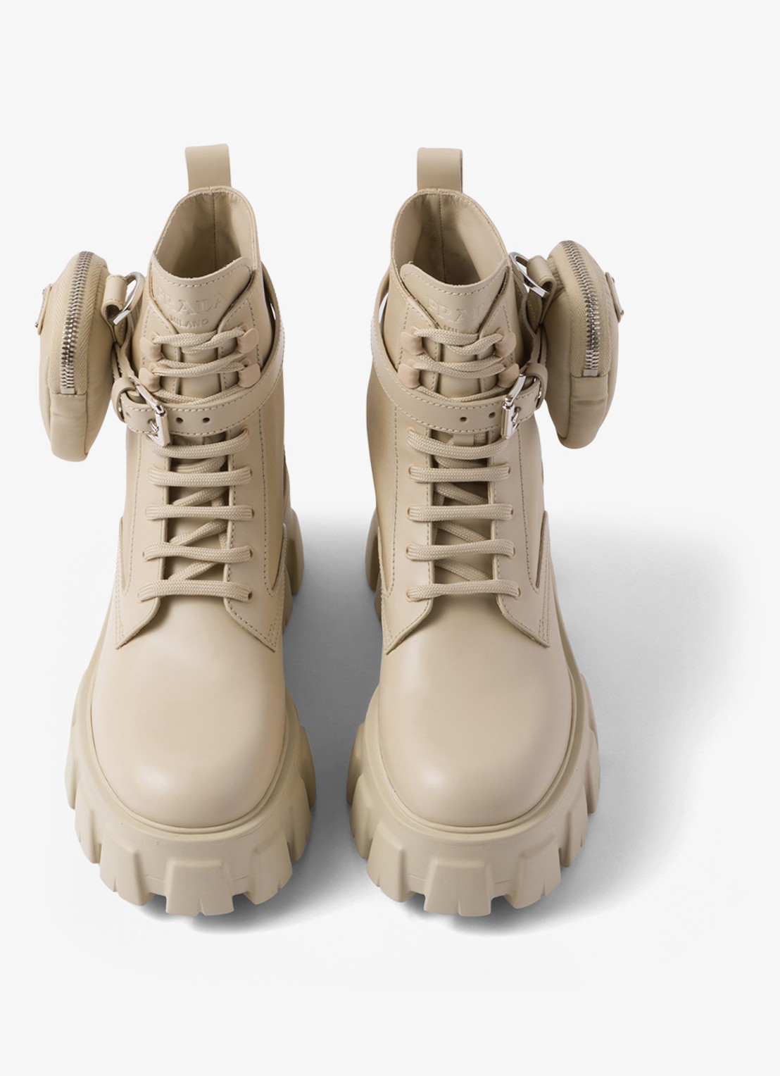 Prada Monolith Re-Nylon biker boot van leer - detail 2 donkerbeige