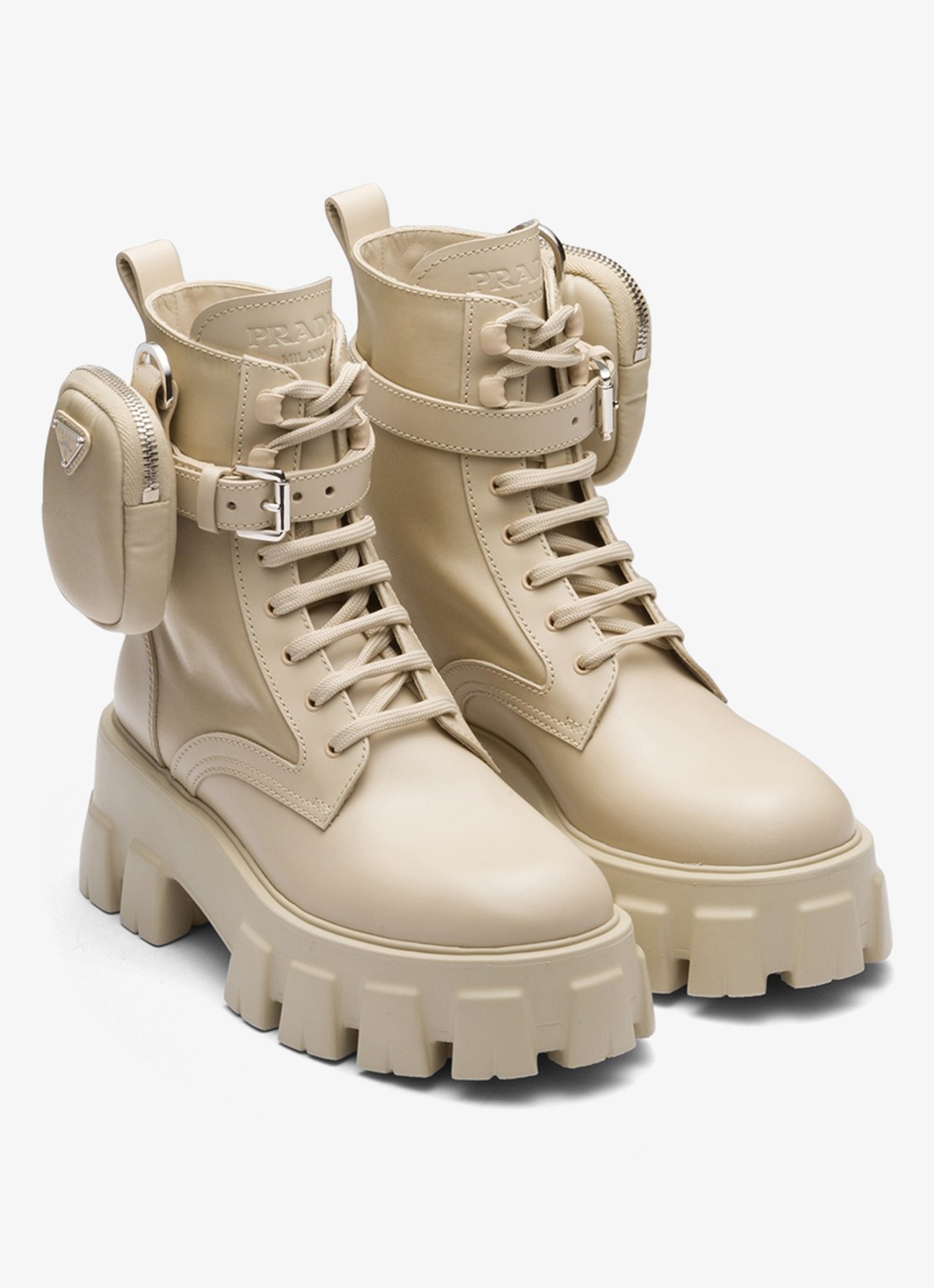 Prada Monolith Re-Nylon biker boot van leer - voorkant 4 donkerbeige