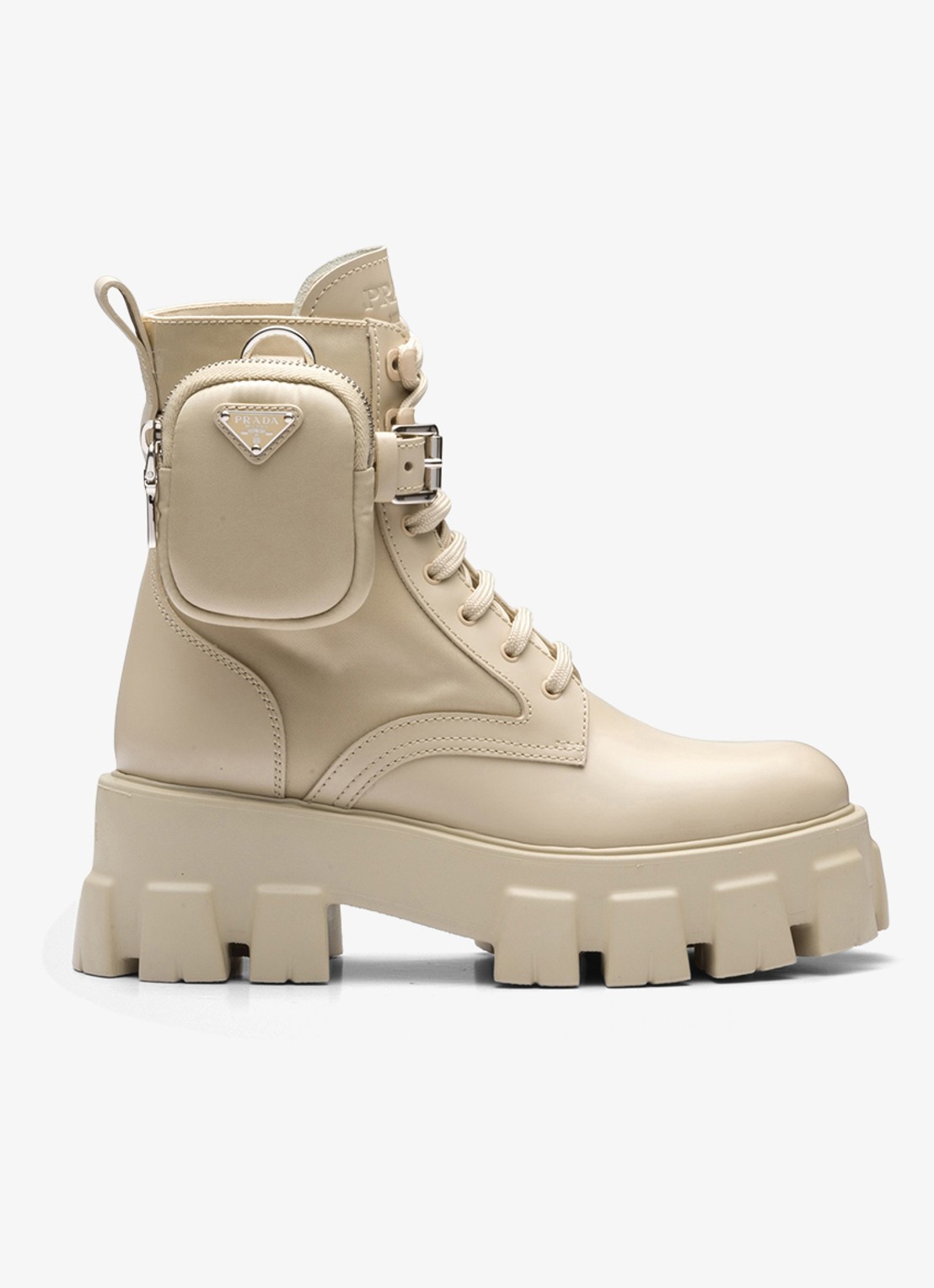 Prada Monolith Re-Nylon biker boot van leer - voorkant 5 donkerbeige