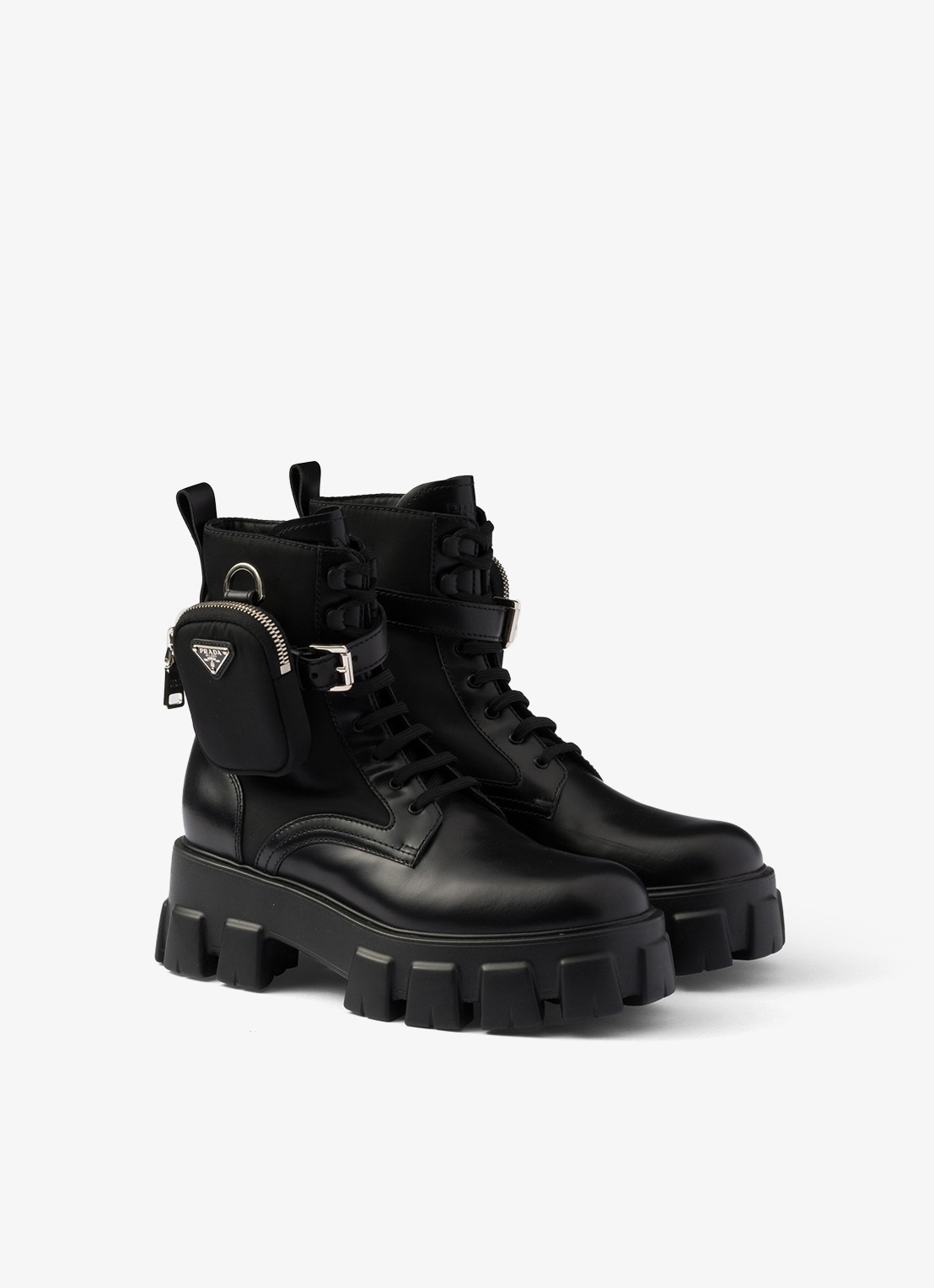 Prada Monolith Re-Nylon biker boot van leer - detail zwart