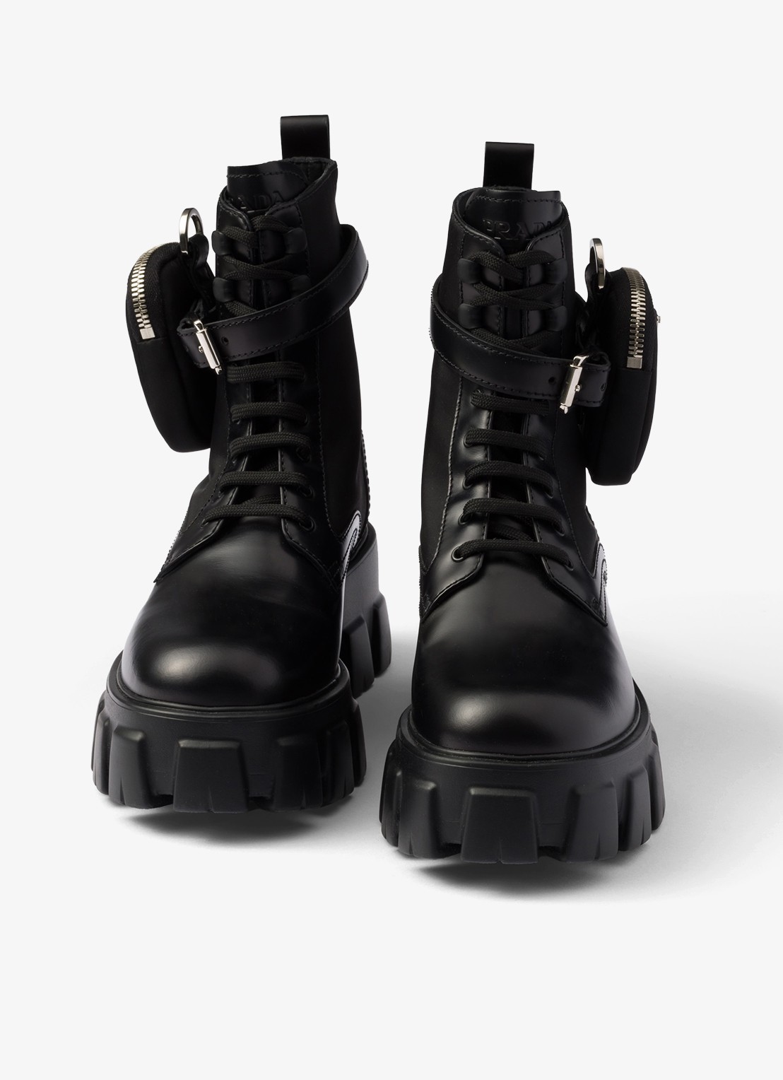 Prada Monolith Re-Nylon biker boot van leer - detail 3 zwart