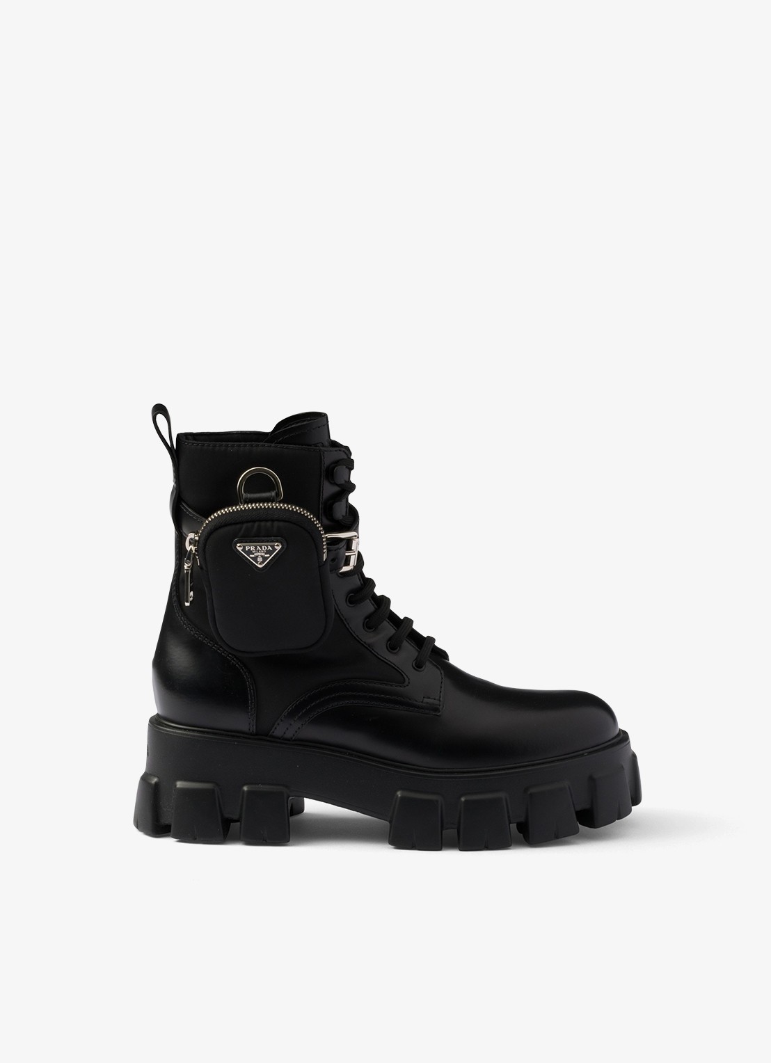 Prada Monolith Re-Nylon biker boot van leer - voorkant 6 zwart